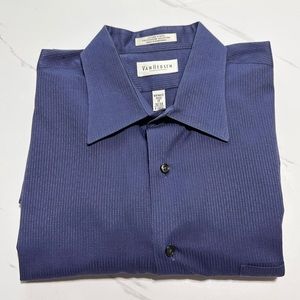 Van Heusen Navy Blue Sateen Stripe Wrinkle Free Long Sleeves Dress Shirt Sz XL